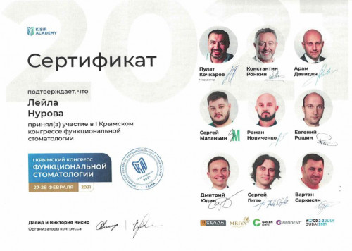 Сертификат об участии в I Крымском конгрессе функциональной стоматологии